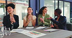 Business, clap and team in office with meeting, campaign success and good news on brand pitch. Happy, women and marketing staff with applause, company growth and positive feedback on ads proposal.