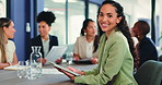 Tablet, face and business woman in meeting for advertising, creative project and brand campaign. Portrait, office and worker with team, tech and online report for feedback at digital marketing agency