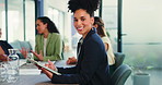 Happy, face and business woman in meeting for advertising, creative project and brand campaign. Portrait, office and worker with team, tablet or online report for feedback at digital marketing agency