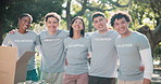 Charity, volunteer team and face in park for support, community service or food donation for relief. About us, NGO and portrait with people for help, aid package and grocery distribution in nonprofit