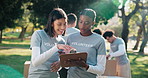 Charity, volunteer team and clipboard in park for support, community service or food donation for relief. Document, NGO and happy women for help, aid package and grocery distribution in nonprofit
