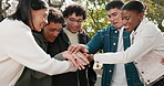Nature, friends and college student with hands together for applause, solidarity and celebration. Park, huddle and happy people with clapping for higher education, admission or acceptance success