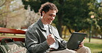 Excited, student and man with laptop, outdoor and fist pump for scholarship approval or achievement. University campus, education and happy person with tech, win and listening to music with earphones