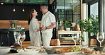 Dance, love and mature couple in home for bonding, connection and romantic moment with music. House, marriage and man with woman with spin, song and moving for relationship, commitment and happy