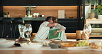 Hug, gift and mature couple in home to celebrate birthday, anniversary and surprise for love. Sofa, happy and man with present, embrace and bonding with woman for appreciation or marriage milestone
