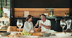 Happy, couple or cheers with champagne in home for romantic date, fine dining or gathering together. Man, woman or toast with alcohol or glass for celebration, event or holiday dinner in house