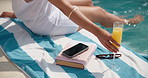 Person, hands and relax with drink in swimming pool for holiday vacation, summer break or getaway. Travel, accommodation and poolside with juice for luxury weekend or hospitality in spa or resort