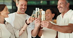 Happy, people or cheers with champagne in home for get together, dining event or social gathering. Group, couple or friends with toast, alcohol or glass for celebration or holiday dinner in house
