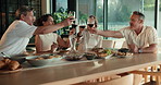 Dining, people and cheers with wine glass in home for get together, celebration or social gathering. Food, happy group or friends with toast or alcohol for drinking event or holiday dinner in house