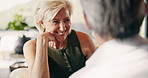Laugh, love and mature couple for talking, conversation and chat for bonding, trust and marriage. House, happy and man and woman with joke, humor and speaking for connection, romance and relationship