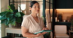 Spa, thinking and woman on tablet for planning, treatment schedule and booking for wellness care. Hospitality, hotel and worker on digital tech for appointment, research and website for salon service