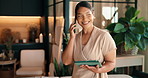 Spa, talking and woman on tablet for phone call, treatment schedule and booking for therapy service. Hospitality, hotel and worker on tech, cellphone and speaking for wellness and salon appointment