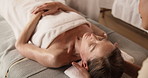 Neck, massage and mature woman at spa for holistic healing, wellness and deep tissue treatment. Hotel, resort and person with salon service for stress relief, circulation and pamper for self care