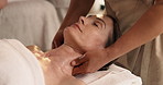 Neck, massage and mature woman at spa to relax for holistic healing, calm or deep tissue treatment. Hotel, resort and person with salon service for stress relief, wellness and pamper for self care