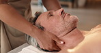 Neck, massage and man at spa to relax for holistic healing, circulation and deep tissue treatment. Hotel, resort and mature person with salon service for stress relief, calm and pamper for self care