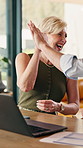 Laptop, documents and happy couple with high five for finance or investment success in home. Mature man, woman or discussion with smile, computer or paperwork for financial profit or winning in house