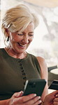 Phone, laugh and woman with credit card in home, comedy subscription payment or discount deal. Mobile, mature person and debit on sofa for membership fee to funny streaming service or promo code