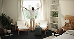 Hotel, arrival and woman with suitcase by curtain for travel, accommodation and lodge for business trip. Hospitality, room and person with luggage, open and view for check in, reservation and booking