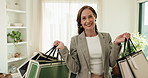 Face, shopping and happy woman with bags in home excited for purchase, discount and retail therapy. Portrait, bedroom and person with smile for deal, fashion promotion and store sale for weekend