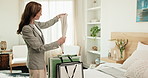 Happy, shopping and woman with bags in bedroom for purchase, discount and retail therapy. House, clothing and person with packages for style deal, fashion promotion and store sale for weekend