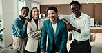 Business, face or team in office with smile, funding advisor or career opportunity in accounting. Happy, people or finance clerks with confidence, about us or professional growth as investment group.