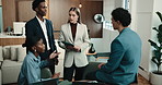Team, tablet and business people in meeting, finance review and discussion for investment proposal. Office, talking and women with men on tech for research, budget and planning for financial report