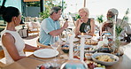 Friends, talk and drink wine on patio with lunch, summer holiday and get together for weekend break. Happy, mature people and smell alcohol outdoor in backyard with food, hangout or social connection