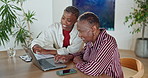 Laptop, help and old woman with adult daughter for retirement planning, insurance and advice in home. Happy, black people and senior mother talk with computer, assistance or website for policy cover.