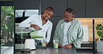 Smoothie, machine and senior mother with adult daughter for wellness, cheers or healthy diet in home. Happy, black women and elderly mom in kitchen with blender, nutrition and toast for green juice.