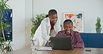 Laptop, assistance and senior mother with adult daughter for insurance, retirement plan and advice. Happy, black women and elderly mom talk in home with computer, help or application for policy cover