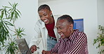 Laptop, assistance and old woman with adult daughter for website navigation, advice or tips in home. Happy, black people and senior mother talk with computer setup, help or guide for digital literacy