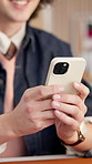 Text message, happy and hands in agency with phone, online communication and post reaction on break. Digital, typing and man with smile, chat notification and social media comment on virtual platform