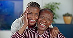 Love, face and smile with senior mother in home for happiness, connection and bonding together. Adult daughter, elderly parent and laugh in lounge with black women for care, family trust or support