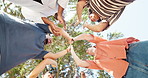Friends, students and high five outdoor for success, education achievement and celebration applause. Happy people, clapping and academic target at college campus, community support and low angle