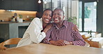 Love, face and smile with senior mother in house for happiness, connection and bonding together. Adult daughter, elderly parent and laugh in lounge with black women for care, family support or hug