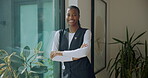 Black woman, nurse and face by window, healthcare mindset or reflection in nursing home. Portrait, laughing and happy caregiver in assisted living facility, arms crossed and confidence with thinking