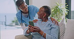 Nurse, checkup and old woman in home with phone for conversation, assisted living or healthcare. Happy black people, mobile and caregiver with help, medical assistance and retirement support on sofa