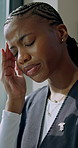 Stress, nurse and woman with headache in hospital, healthcare challenge or reflection for loss. Black person, medical worker and migraine with pain, clinic trauma or overwhelmed with mental fatigue