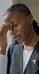 Stress, nurse and woman with headache in clinic, healthcare challenge or reflection for loss. Black person, medical worker and migraine with pain, hospital trauma and thinking with mental fatigue