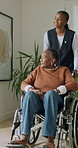 Caregiver, wheelchair and help old woman in house with smile, injury or patient healing from stroke. Happy, nurse and senior black person with disability, medical assistance or homecare for recovery.
