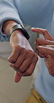 House, hands and old person with smart watch for wellness, monitor heart rate or vitality for health. Pensioner, scroll online and wearable tech in home with timer, app and fitness for retirement.