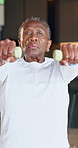 Fitness, dumbbells and senior woman in home for exercise, muscle development or breathing for health. Face, black person and weightlifting for workout, strength training and raises in retirement