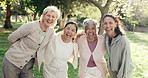 Face, friends and hug in park with fitness class, laugh together and support for wellness community. Happy, mature women and embrace outdoor in nature with humor, workout and yoga club in morning.