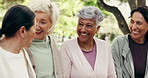 Bonding, laugh and friends in park with chat, funny gossip and happy moment in healthy relationship. Smile, embrace or mature women with conversation, joke reaction or connection with outdoor hangout