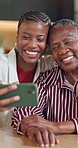 Smile, senior mother and selfie with women for love, care and laugh with black family in home. Adult daughter, elderly parent and picture for social media memory, photo gallery or happy with support