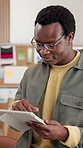 Creative, happy or black man in office with tablet, ads objective or audience feedback in web review. Reading, scroll or brand expert with tech, campaign result or market research for company growth.
