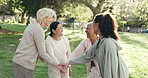 Happy, women and hands together outdoor with fitness class, motivation and clap for wellness goals. Excited, mature people and friends in park with celebration, exercise achievement and applause.