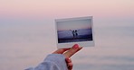 Women, polaroid or beach picture at sunset in travel location, Italy summer break or tropical holiday vacation. Happy, freedom or bonding friends with photograph by sunrise nature, ocean or sea waves