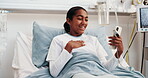 Talking, phone and child in hospital bed with video call, online chat and conversation in clinic. Happy, healthcare and girl on cellphone for connection, webinar and distraction for surgery recovery