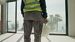 Construction, hardhat and woman on site for safety, protection gear or equipment in building project. Compliance, back and engineer with ppe, risk control and hazard prevention in industrial industry